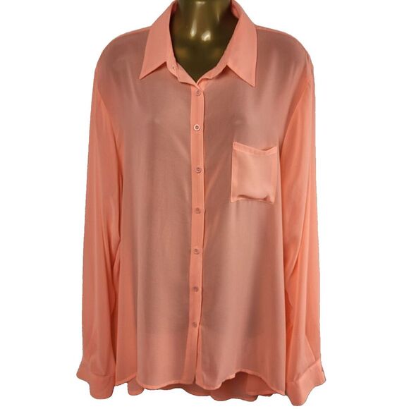 Bongo Plus Size 2X Coral Chiffon Sheer Tunic Back Ladder Cutout Long Sleeve - Picture 5 of 14